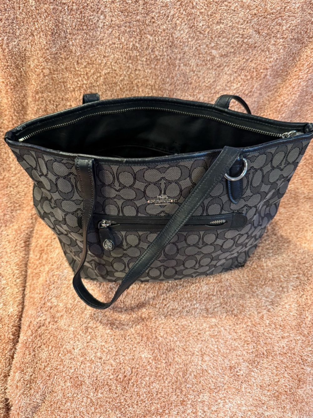 Coach Gray Signature Jacquard Tote with Black Leather Trim
